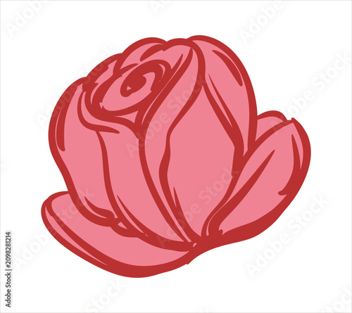 Vector drawing of a pink rosebud. Stylized flower, quick ink sketch. A symbol of love for a retro tattoo. Coquette style.