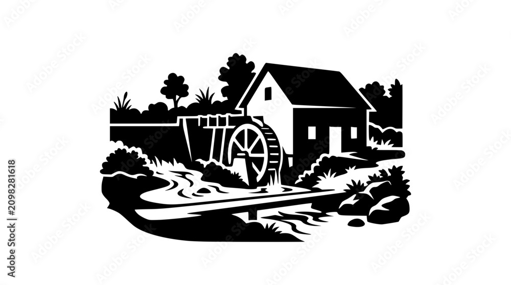 Naklejka premium Graphic black and white illustration of a traditional water mill and stream