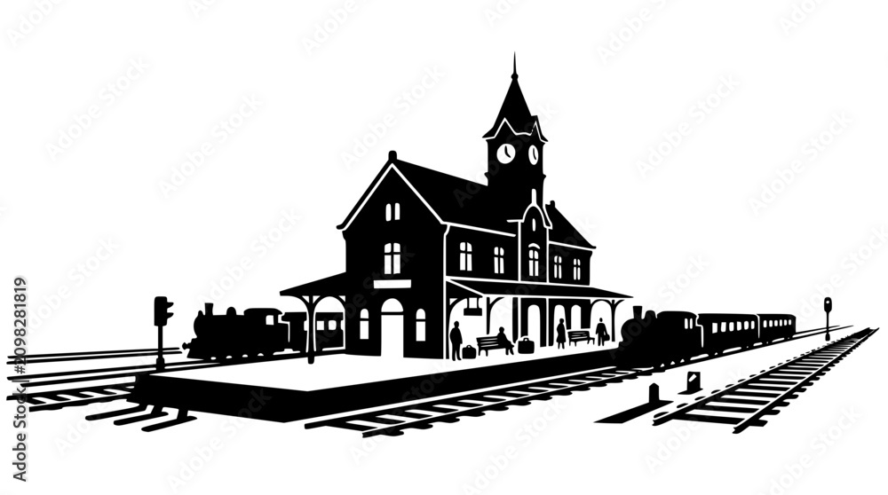 Naklejka premium Vintage Train Station Silhouette Illustration with Steam Engine