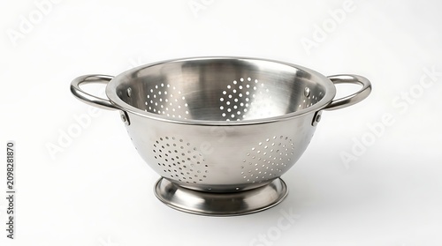 Shiny Stainless Steel Colander with Dual Handles on White Background