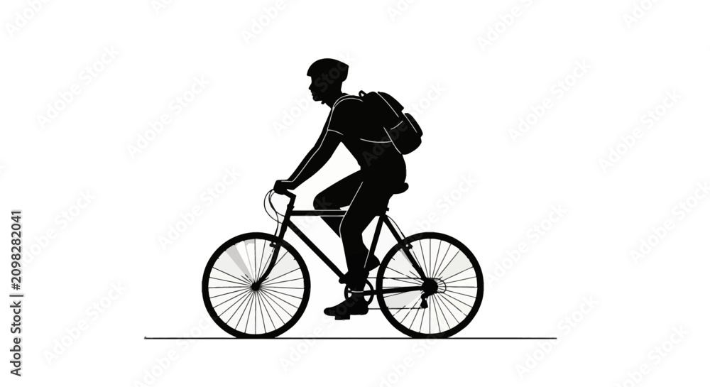 Obraz premium Black silhouette of a male cyclist wearing a safety helmet and a backpack riding a bicycle on a white background. Minimalist vector illustration of urban commuting and healthy lifestyle.