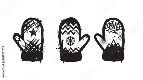 Three winter mittens featuring unique patterns including a star, a snowflake, and mountain silhouettes in a street graffiti style