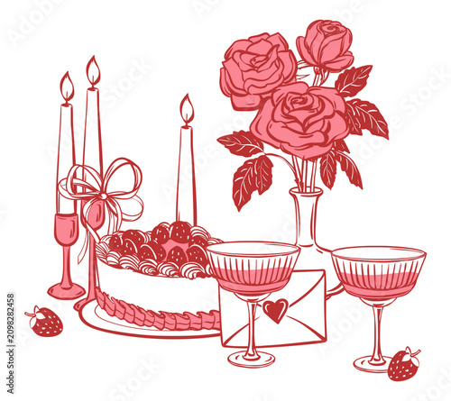Valentine's Day gifts. Vector clip art. A romantic candlelit evening. Cake, glasses of wine, a love letter, and a bouquet of roses. Coquette ink sketch. Illustration for congratulations, posters.