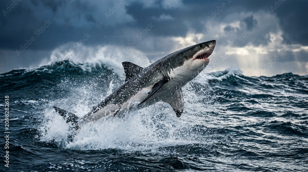 Obraz premium Great white shark breaching through crashing waves in a dramatic stormy ocean under a cloudy sky