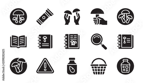 Cuadro en lienzo Collection of mushroom picking icons in circle style for outdoor enthusiasts and explorers