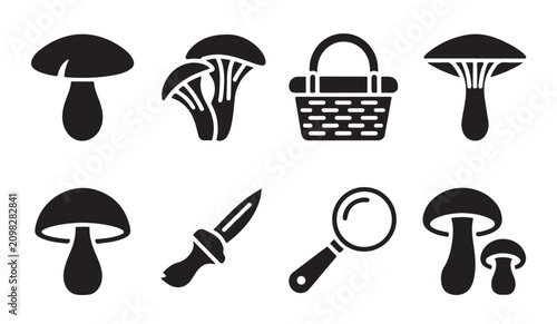Foto Collection of black mushroom icons with gathering tools including basket knife magnifying