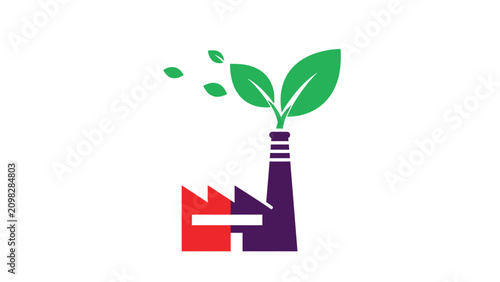 Industrial chimney with green leaves, symbolizing eco-friendly production