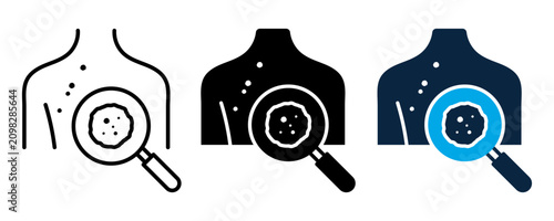 Dermatology Skin Cancer Screening icons set showing suspicious moles on body examined through magnifying glass.