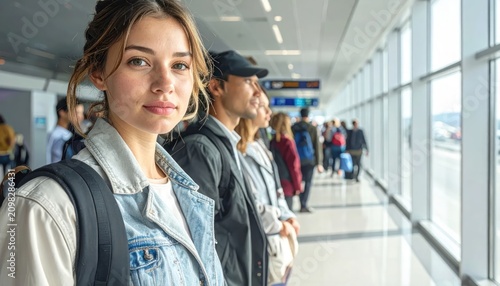 Portrait of a young woman in denim and backpack standing in a modern airport looking at camera with a confident smile ready for travel.