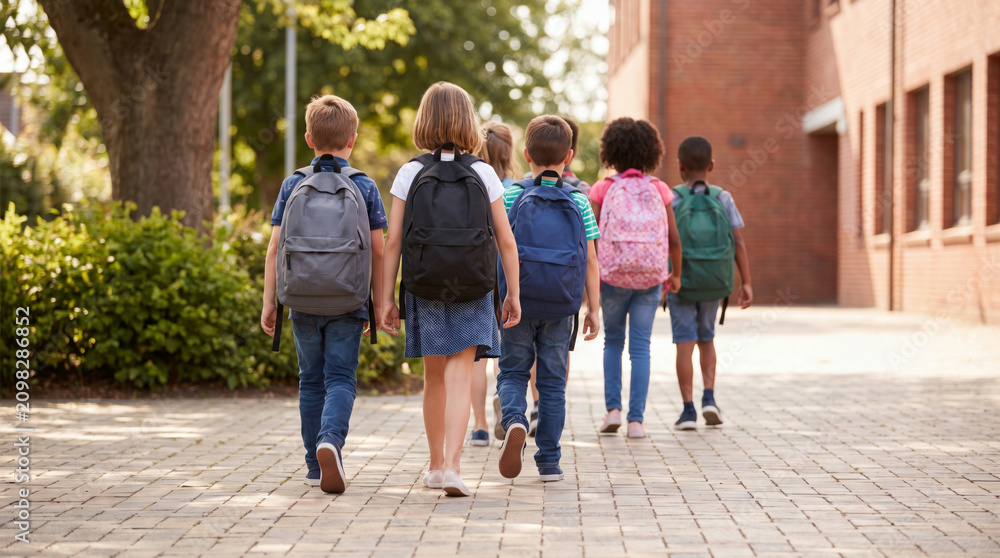 Obraz premium Child backpack sidewalk outdoor class first day back to school joy. 1st day school education. happy children student classroom, childhood friendship study learning