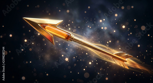 A golden arrow flying through dark space with glowing particles and light trails.