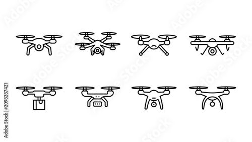 Set of eight black and white drone icons with different payloads and designs Vector