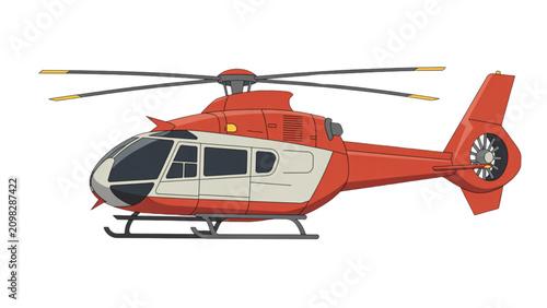Red rescue helicopter flying over urban area during daytime Vector