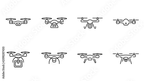 Set of eight different drone icons in black and white vector style Vector