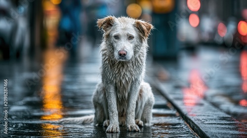 Wet dog sitting on city street pavement with reflection of lights and blurred urban background during rainy weather, lonely animal in outdoor environment