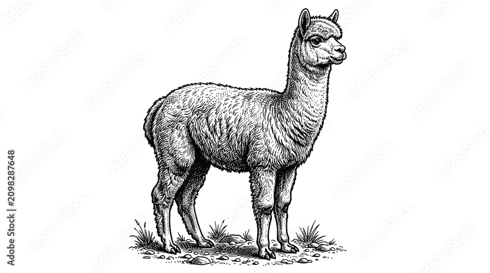 Naklejka premium Detailed drawing of an alpaca standing.