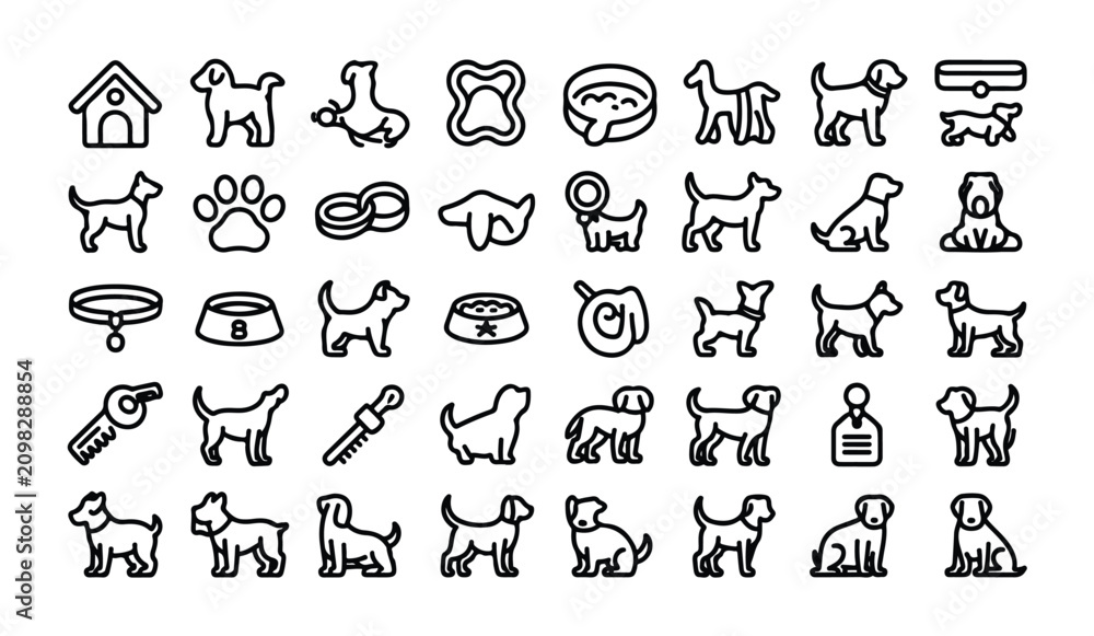 Fototapeta premium Set of forty-eight dog and puppy icons in outline style for pet shop or veterinary clinic.