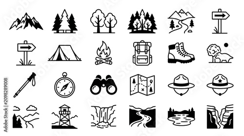Fotografie National Park Black and White Vector Icon Set Featuring Nature Wildlife Adventur