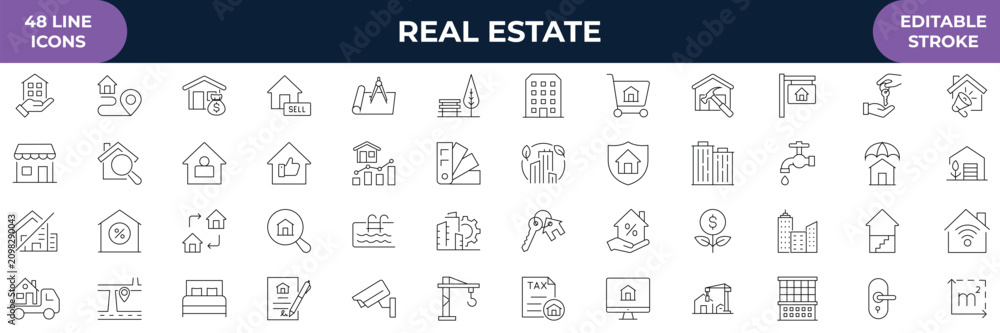 Fototapeta premium Real Estate minimal thin line web icon set. Included the icons as realty, property, mortgage, home loan and etc. Outline icons collection. vector illustration.