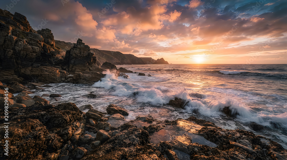 Obraz premium ⁠A small green plant growing out of rich soil, hands holding soil carefully, environmental conservation, new life concept⁠ Dramatic ocean waves, rocky shoreline, vibrant sunset