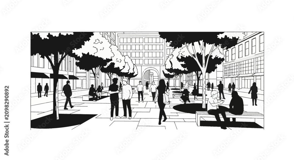 Obraz premium Black and white vector illustration of a busy city plaza featuring pedestrians walking, sitting on benches, and trees next to multi-story buildings in a minimalist line art style.