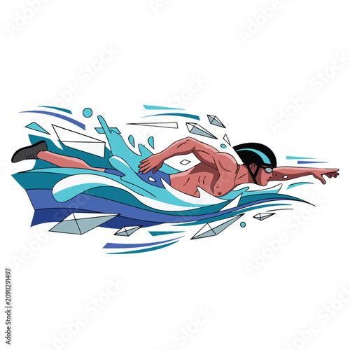 Professional Swimmer Performing Freestyle Stroke with Dynamic Water Splash Vector Illustration