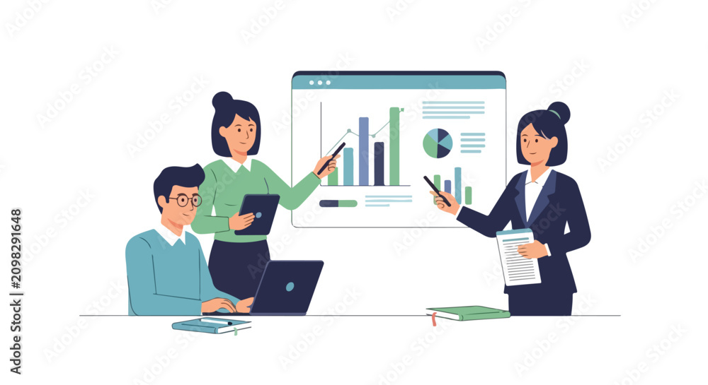Fototapeta premium Three professionals are collaborating in an office, discussing data visualizations and charts displayed on a large digital screen.