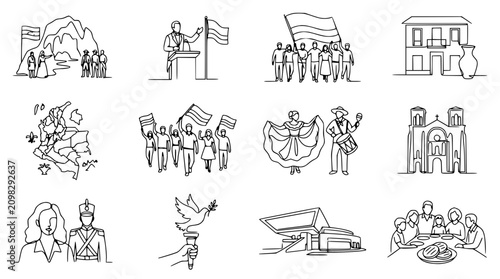 Collection of Line Art Icons: Culture, History, Politics, and National Symbols