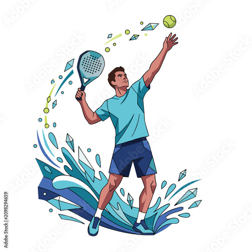 Male Padel Player Serving Ball During Competitive Sports Match Illustration