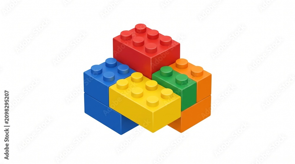 Fototapeta premium Colorful Interlocking Plastic Building Blocks Arranged in a Creative Stacked Geometric Tower Structure for Educational Play