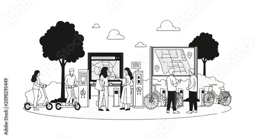 Black and white vector illustration of diverse people using electric scooters and bicycles near a city map kiosk, digital navigation board, and charging stations in a park setting.