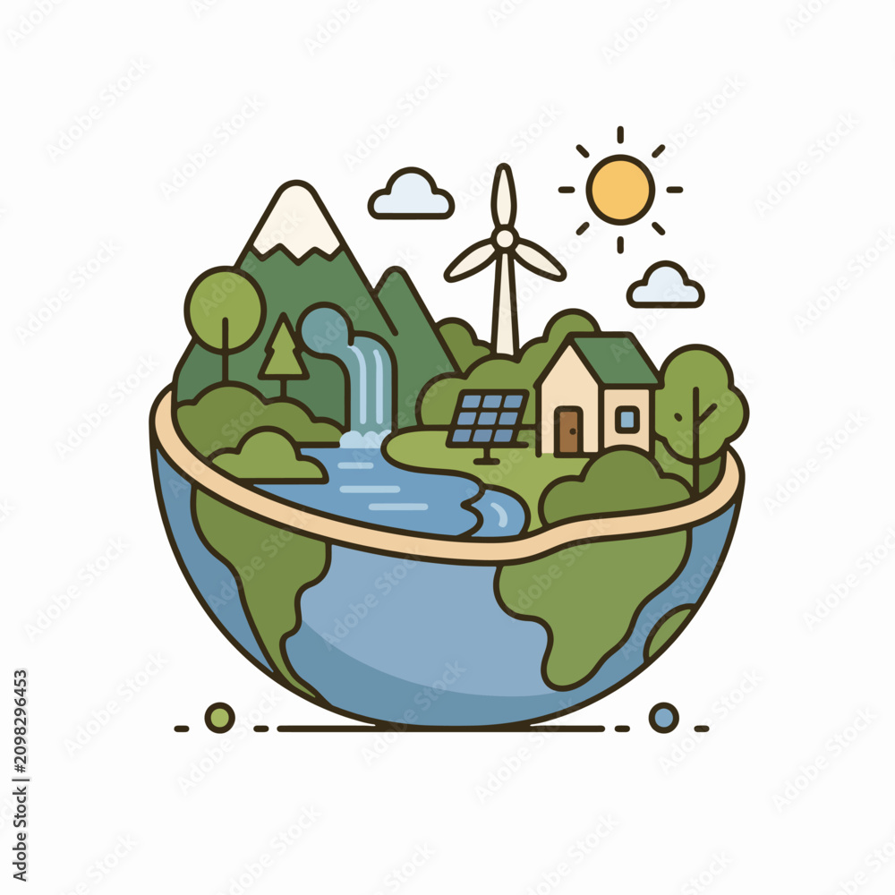 Fototapeta premium Eco Friendly Sustainable Landscape Inside Earth Globe Flat Vector Illustration