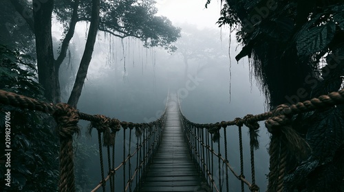Suspension bridge fading into misty rainforest
