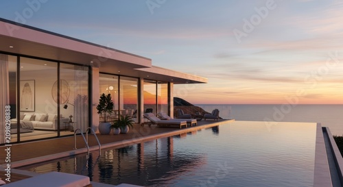 Modern luxury villa with infinity pool overlooking ocean at sunset