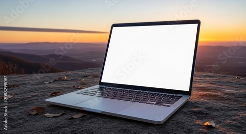Modern laptop on mountain rock with expansive sunset sky background