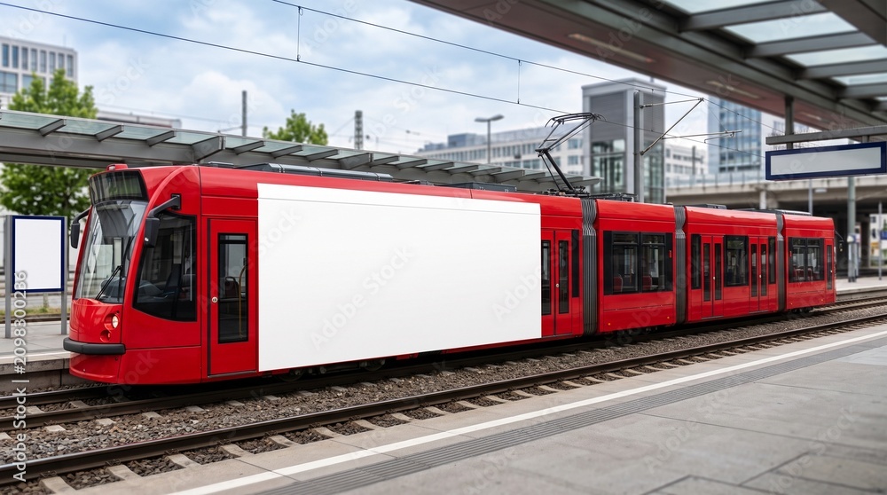 Fototapeta premium Modern red tram with blank side panel. Empty billboard on public transport for advertising mockup.