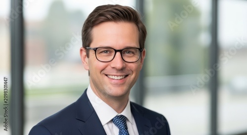 Smiling businessman with glasses in suit and tie in modern office
