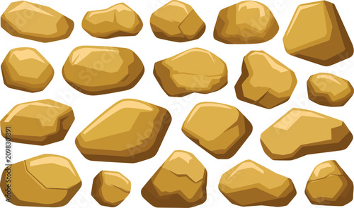 Group of yellow cartoonish rocks and stones isolated on transparent background. Vector Illustration