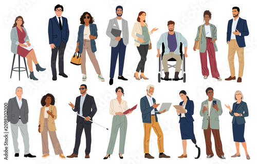 Diverse group of professionals stands together. Each person shows unique style and confidence. They represent various roles and abilities. Illustration conveys inclusivity and teamwork