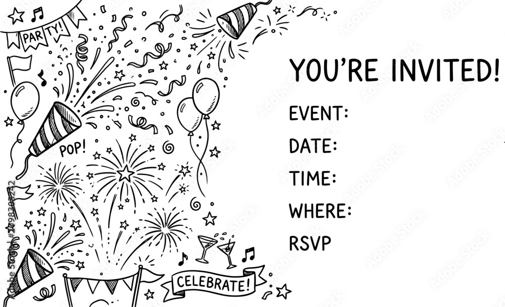 Obraz premium Hand-drawn party invitation template with festive doodles, black and white celebration card vector, you're invited event announcement with fireworks