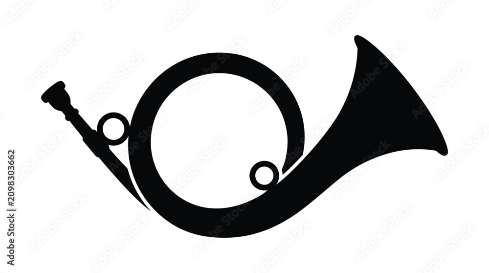 Obraz premium Black silhouette of a hunting horn with curved body and circular loops silhouette