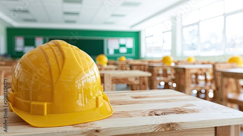 A bright yellow construction helmet sits on a rustic wooden desk in an empty classroom