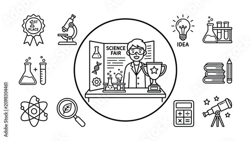 Science Fair Winner Boy with Trophy, Microscope, Flasks, Books, Lightbulb Idea Icons