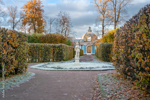 The Grotto Pavilion and the Grotto Alley with the statue of Patriotism in the Catherine Park of Tsarskoye Selo on a sunny autumn day, Pushkin, Saint Petersburg, Russia