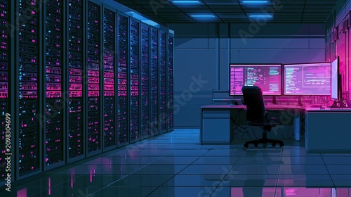 Rows of glowing servers in a dimly lit, futuristic data center with monitors
