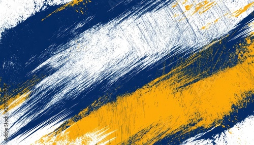Textured abstract streaks of navy blue, white, and gold paint