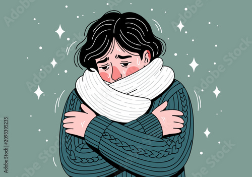 Fotografie Woman feels unwell on a winter day with scarf wrapped around her neck tightly