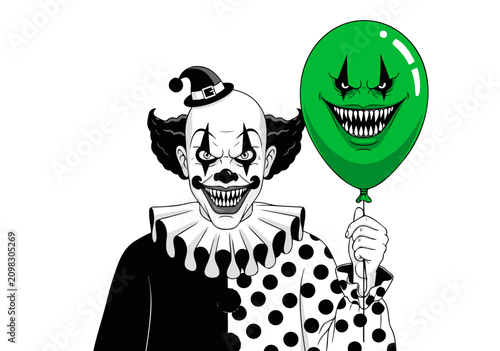 Billede på lærred A creepy clown holds a green balloon with a sinister face smiling at a child