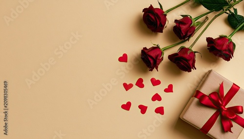 Red roses and gift box with red ribbon and small hearts on beige background