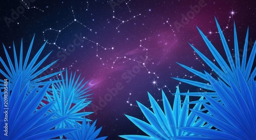 Vibrant blue leaves framing a cosmic starry night sky